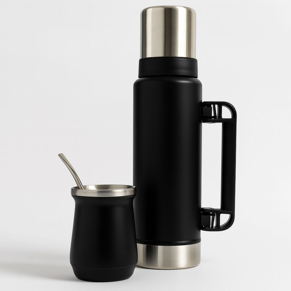 Termo De Acero Inoxidable 1.3 Litros + Mate 236ml Con Bombilla Color Negro