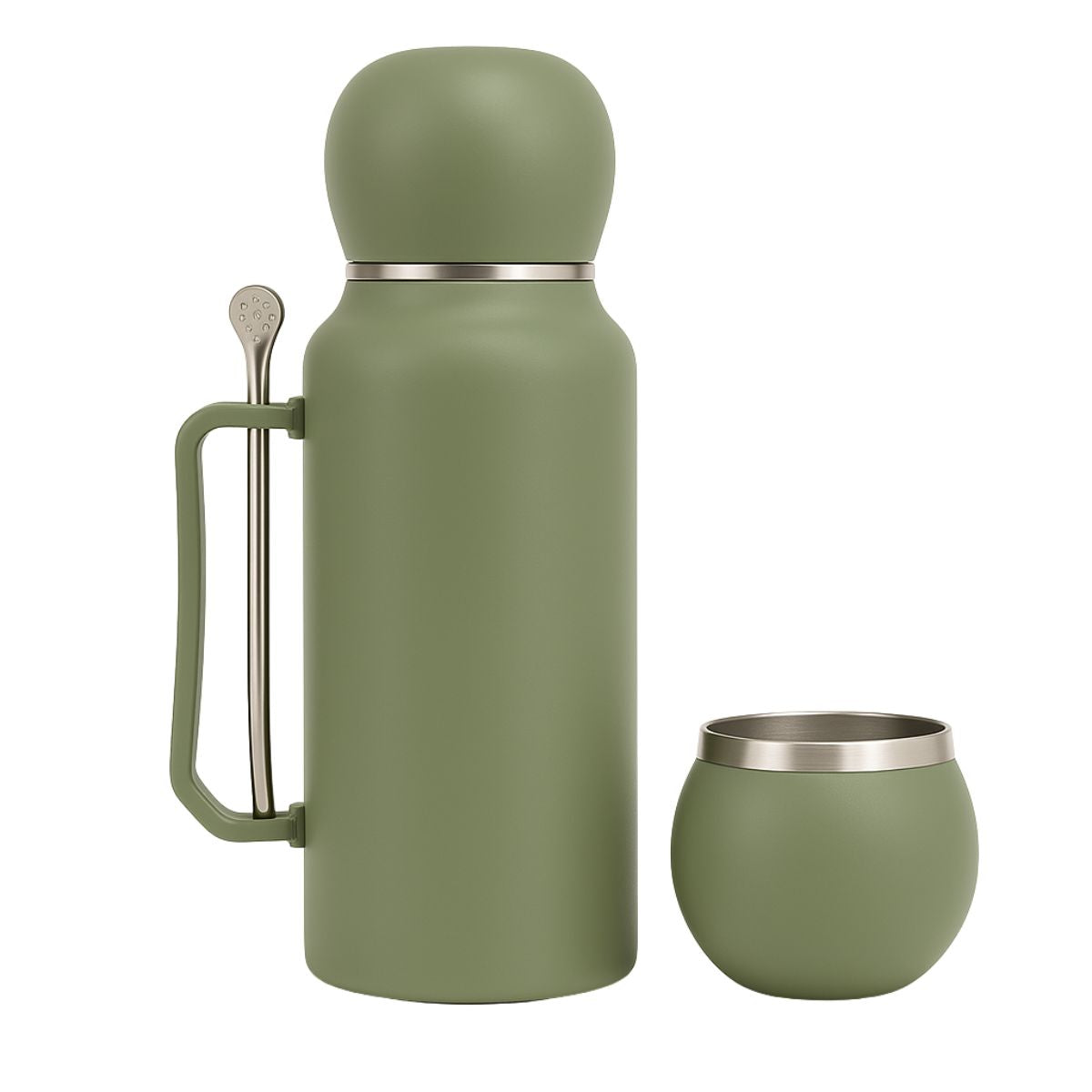 Termo Matero 1.3 Litros Acero Inoxidable + Mate Y Bombilla Verde