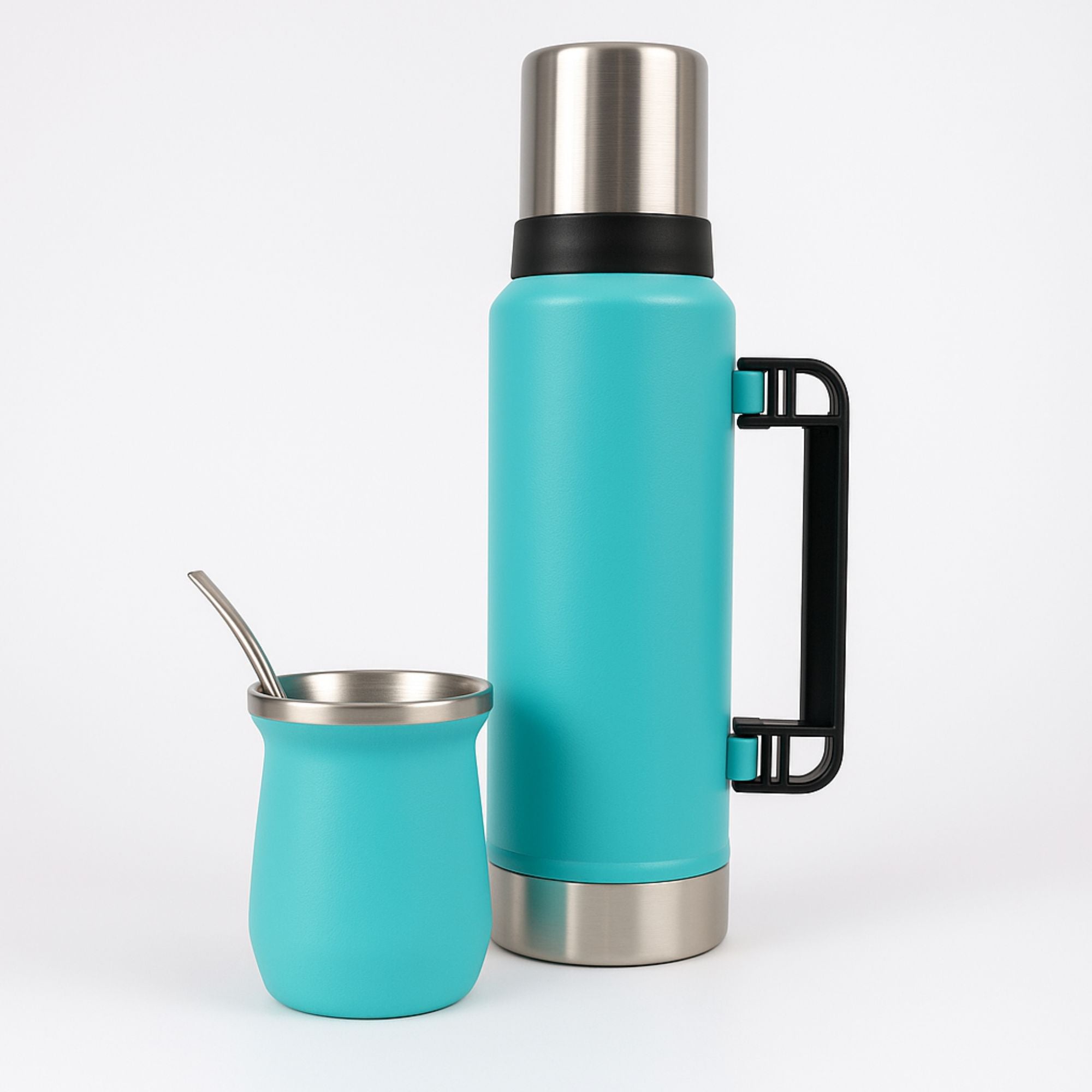 Termo De Acero Inoxidable 1.3 Litros + Mate 236ml Con Bombilla Color Turquesa