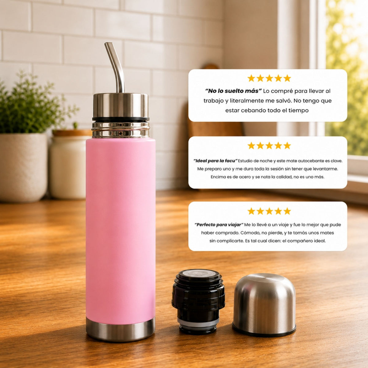 Termo Mate Autocebante Acero Inoxidable 2 en 1 Tawo 750 Ml - Rosado