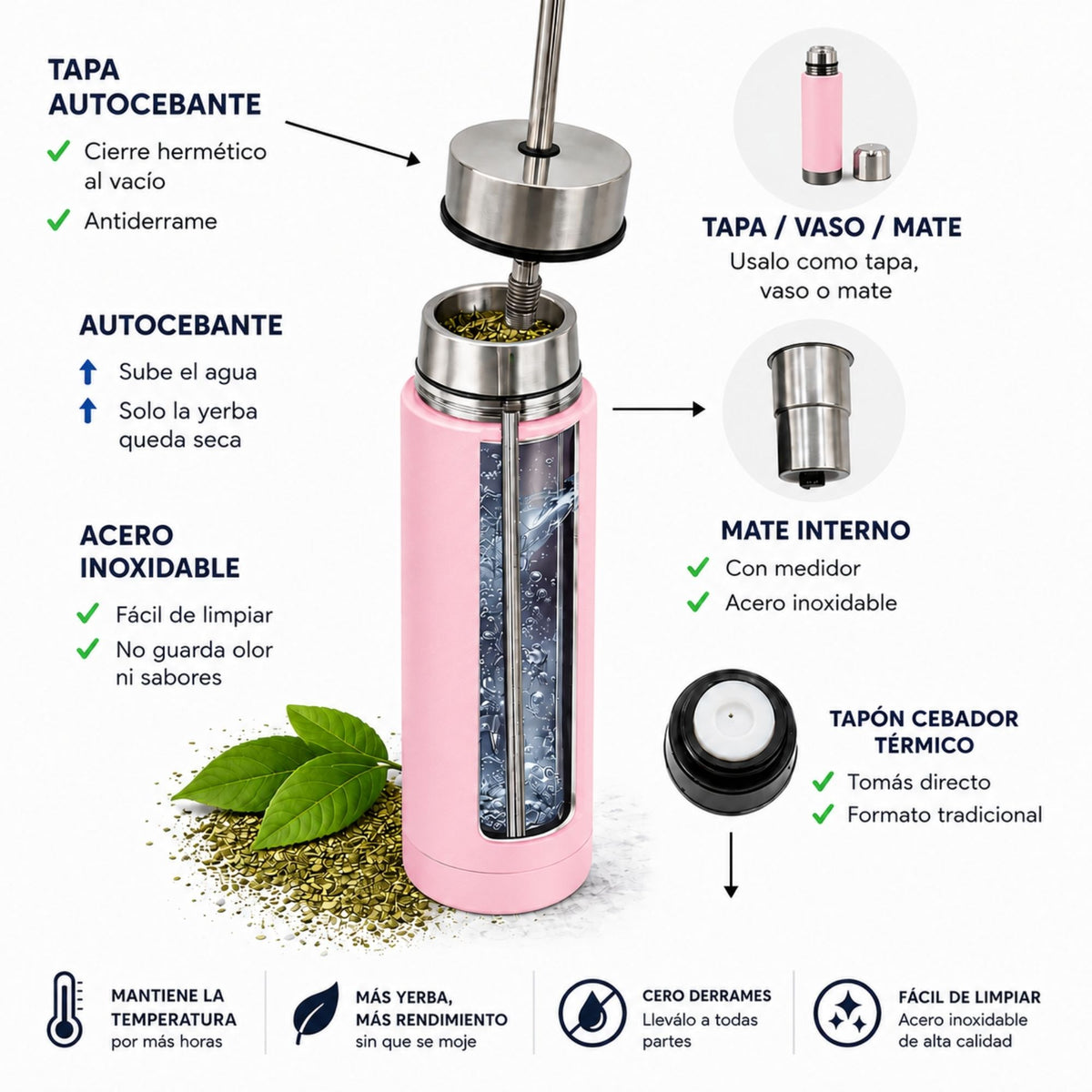Termo Mate Autocebante Acero Inoxidable 2 en 1 Tawo 750 Ml - Rosado
