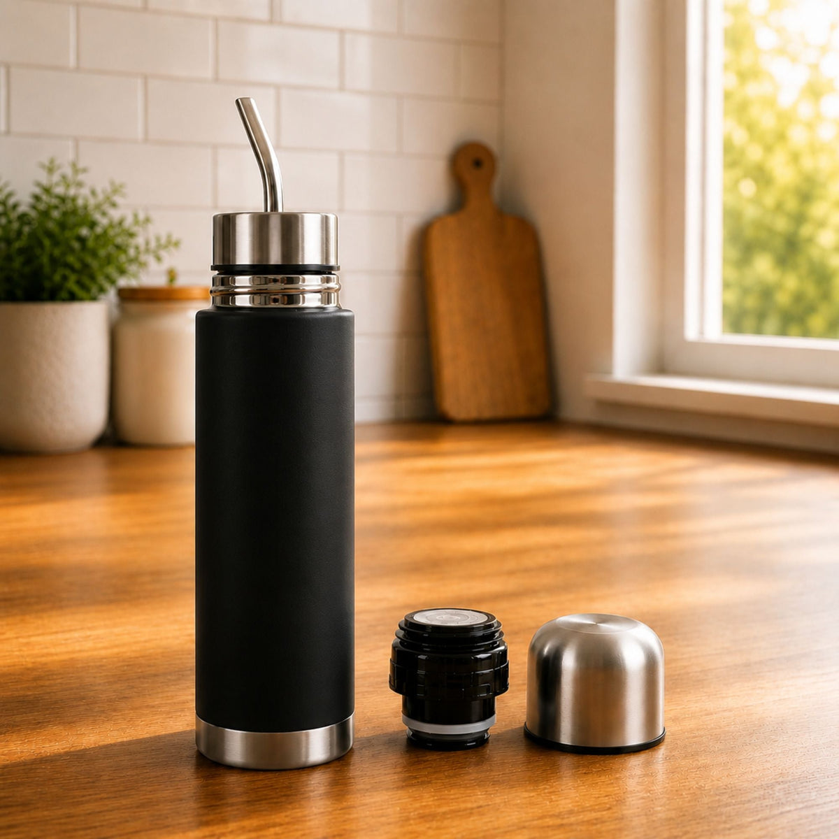 Termo Mate Acero Inoxidable 2 en 1 Botella Termica Tawo 750 Ml Negro