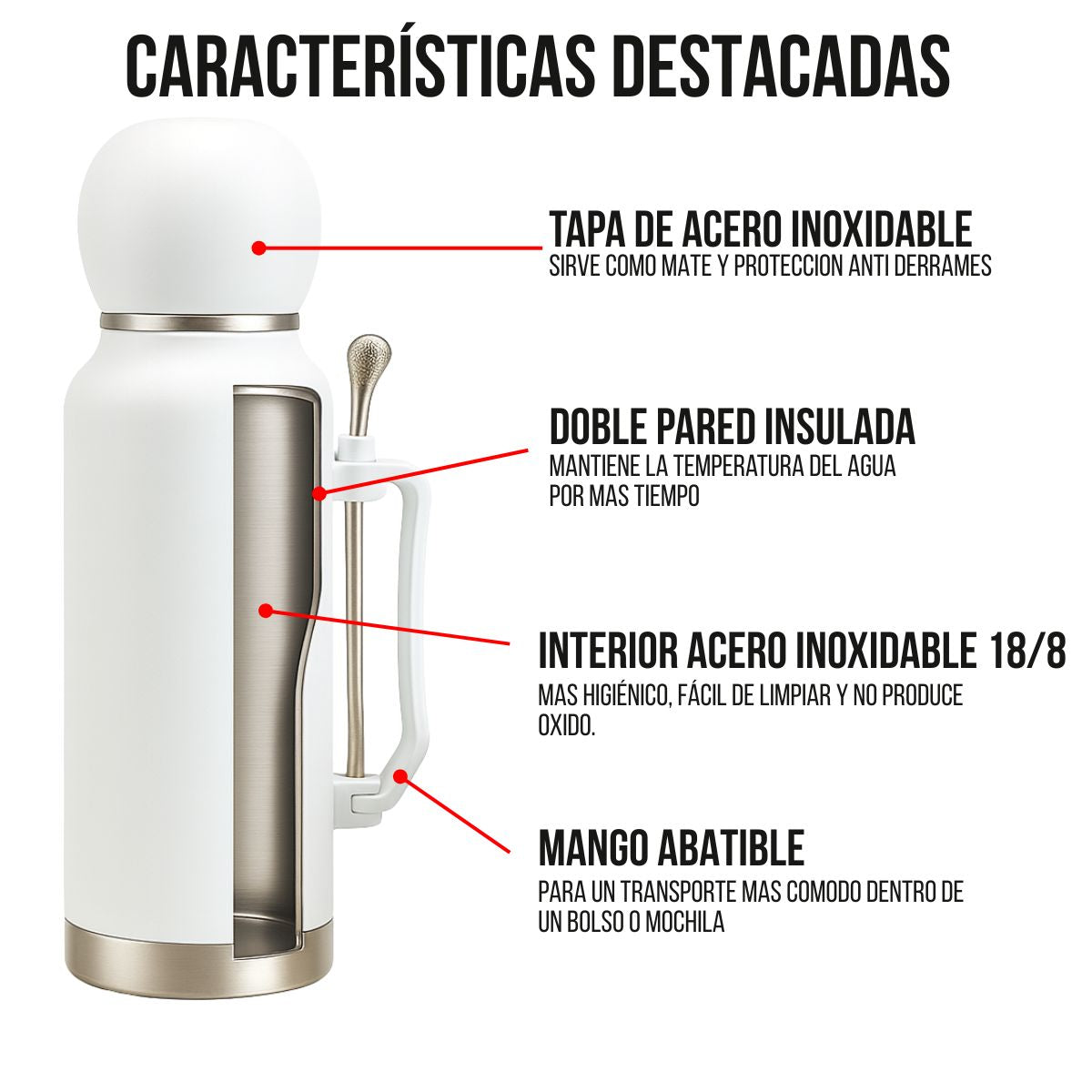 Termo Mate Acero Inoxidable 1.3 Litros Blanco + Mate y Bombilla