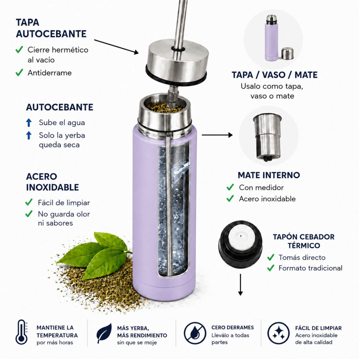 Termo Mate Autocebante Acero Inoxidable 2 en 1 Tawo 750 Ml - Morado