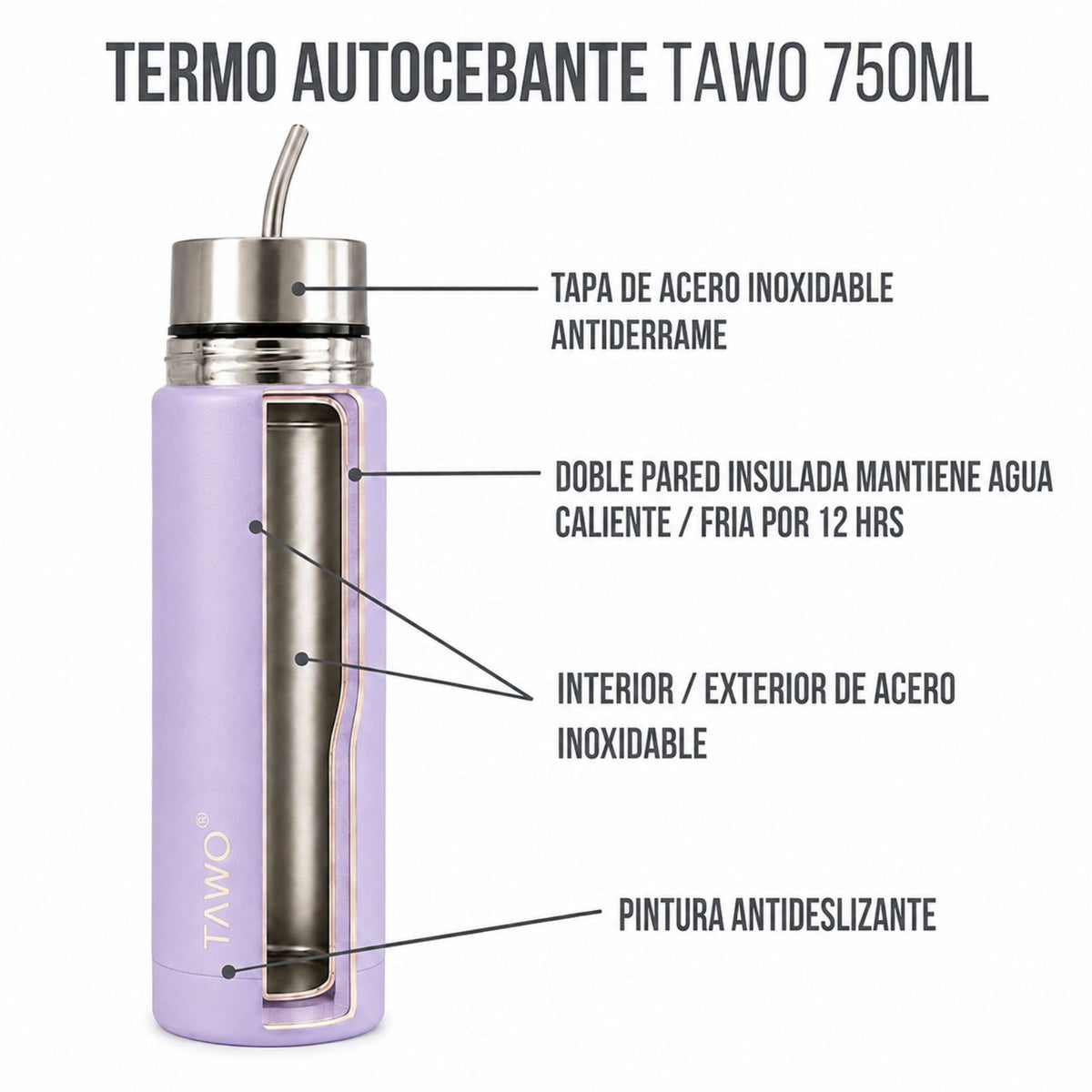 Termo Mate Autocebante Acero Inoxidable 2 en 1 Tawo 750 Ml - Morado
