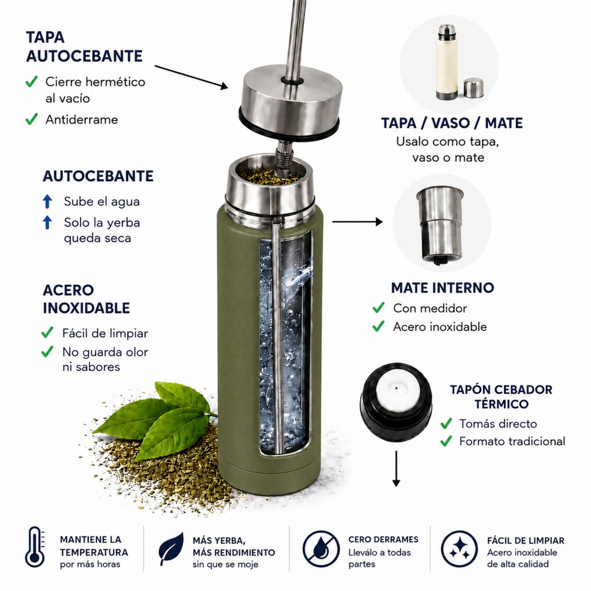Termo Mate Autocebante Acero Inoxidable 2 en 1 Tawo 750 Ml - Verde