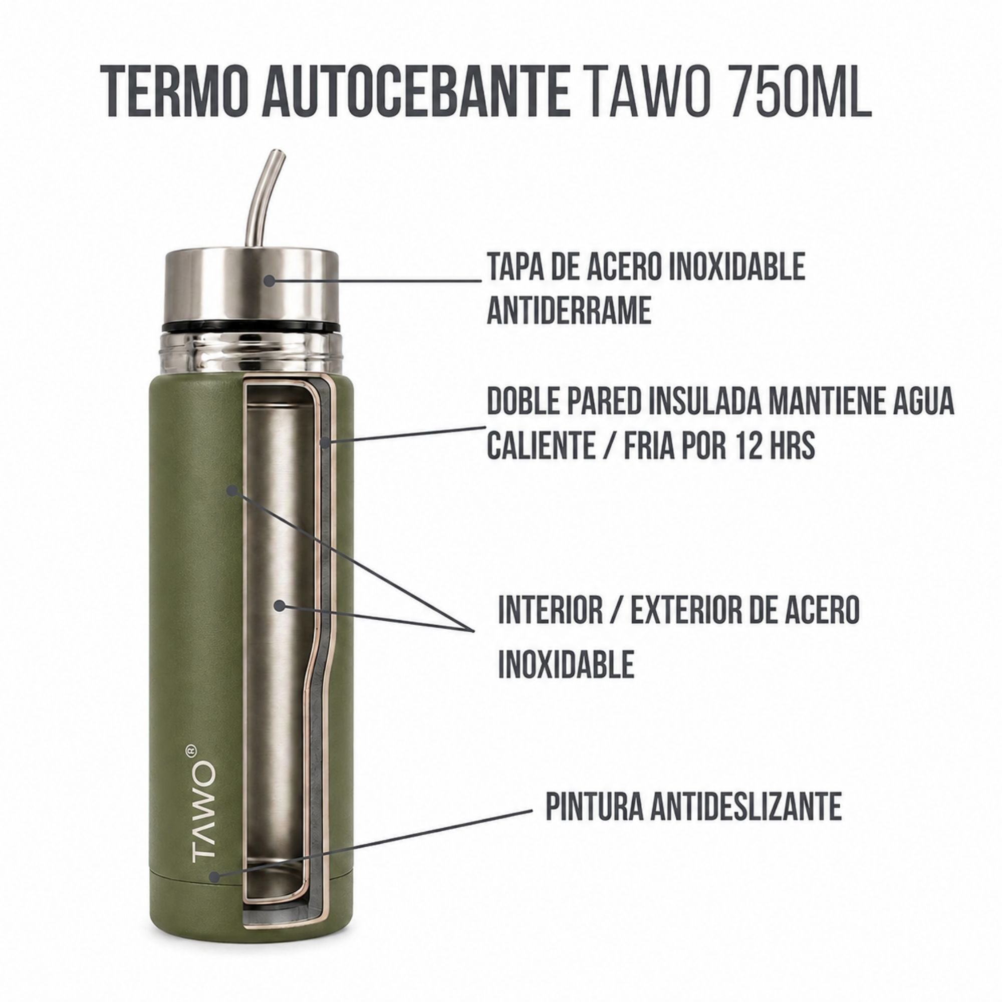 Termo Mate Autocebante Acero Inoxidable 2 en 1 Tawo 750 Ml - Verde