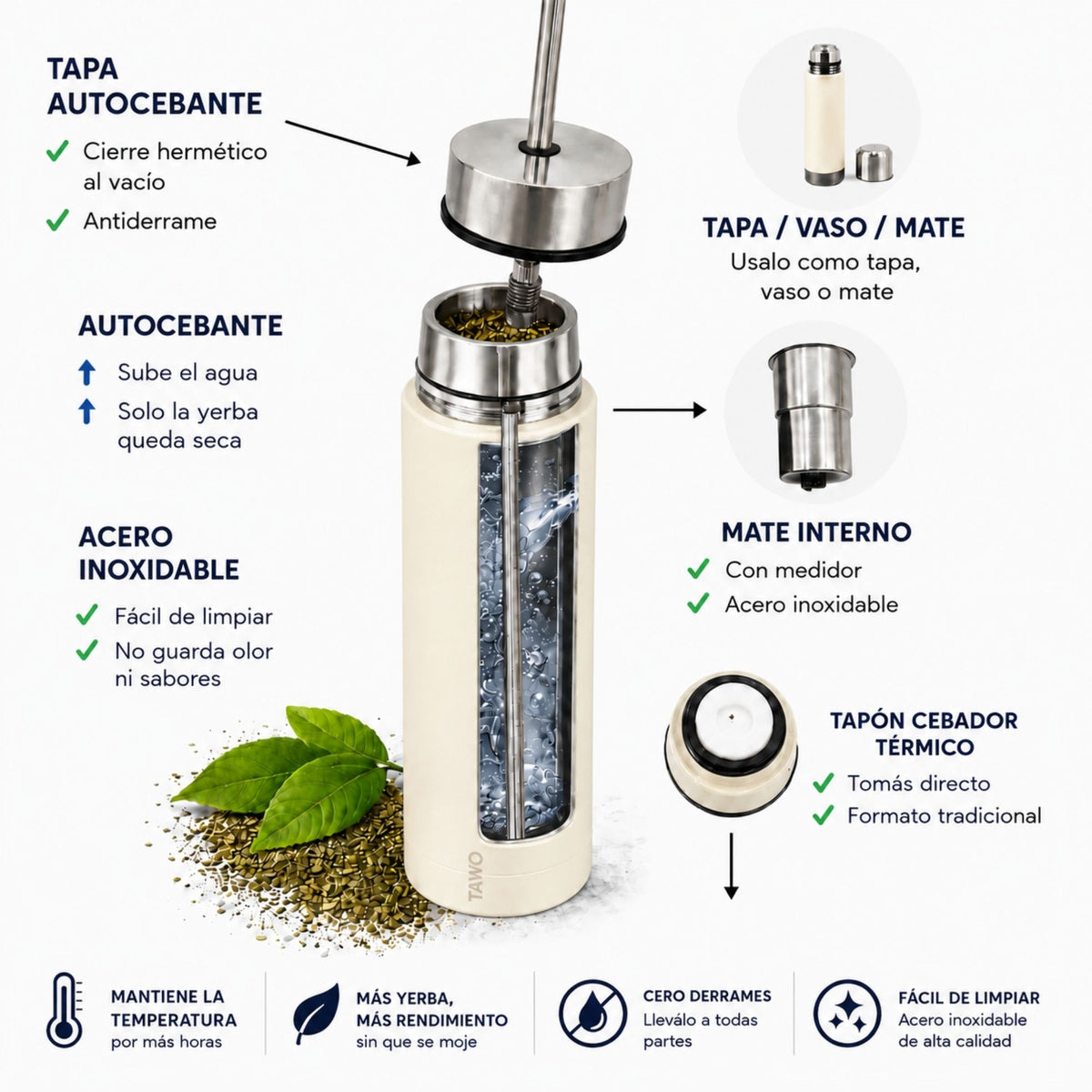 Termo Mate Autocebante Acero Inoxidable 2 en 1 Tawo 750 Ml - Blanco