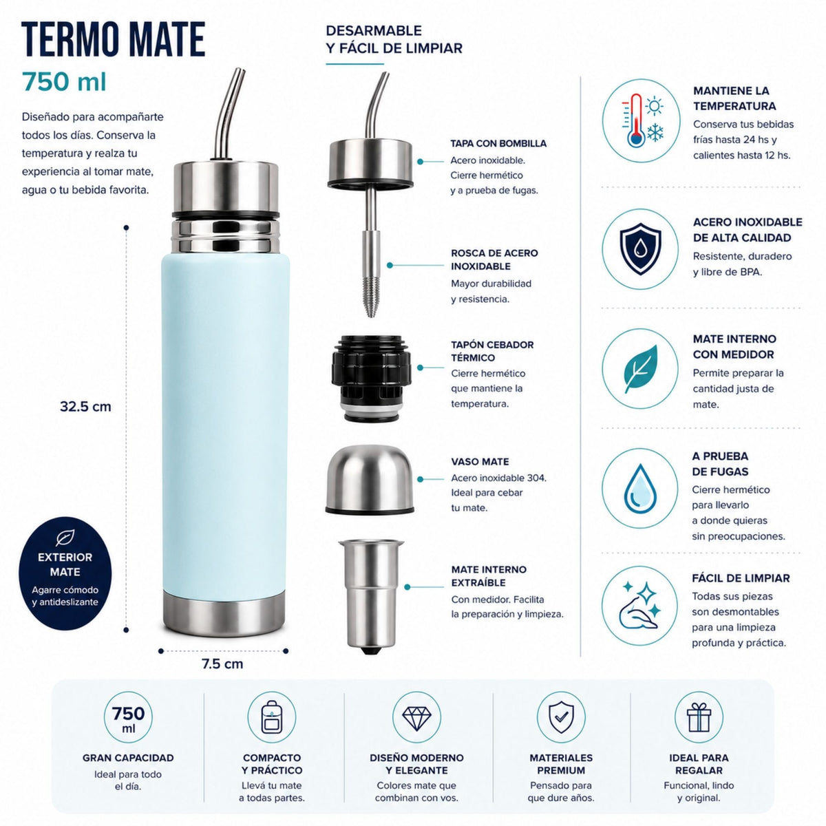 Termo Mate Acero Inoxidable 2 en 1 Botella Termica Tawo 750 Ml Verde