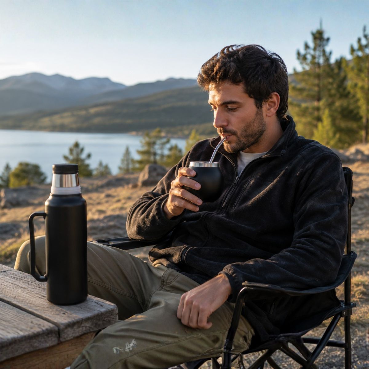 Termo Mate Acero Inoxidable 1.3 Litros Negro + Mate y Bombilla