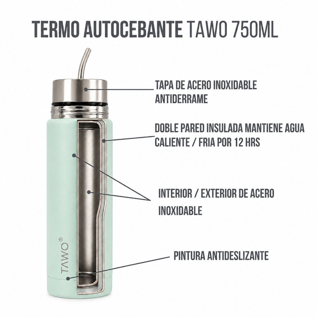 Termo Mate Autocebante Acero Inoxidable 2 en 1 Tawo 750 Ml - Verde Claro