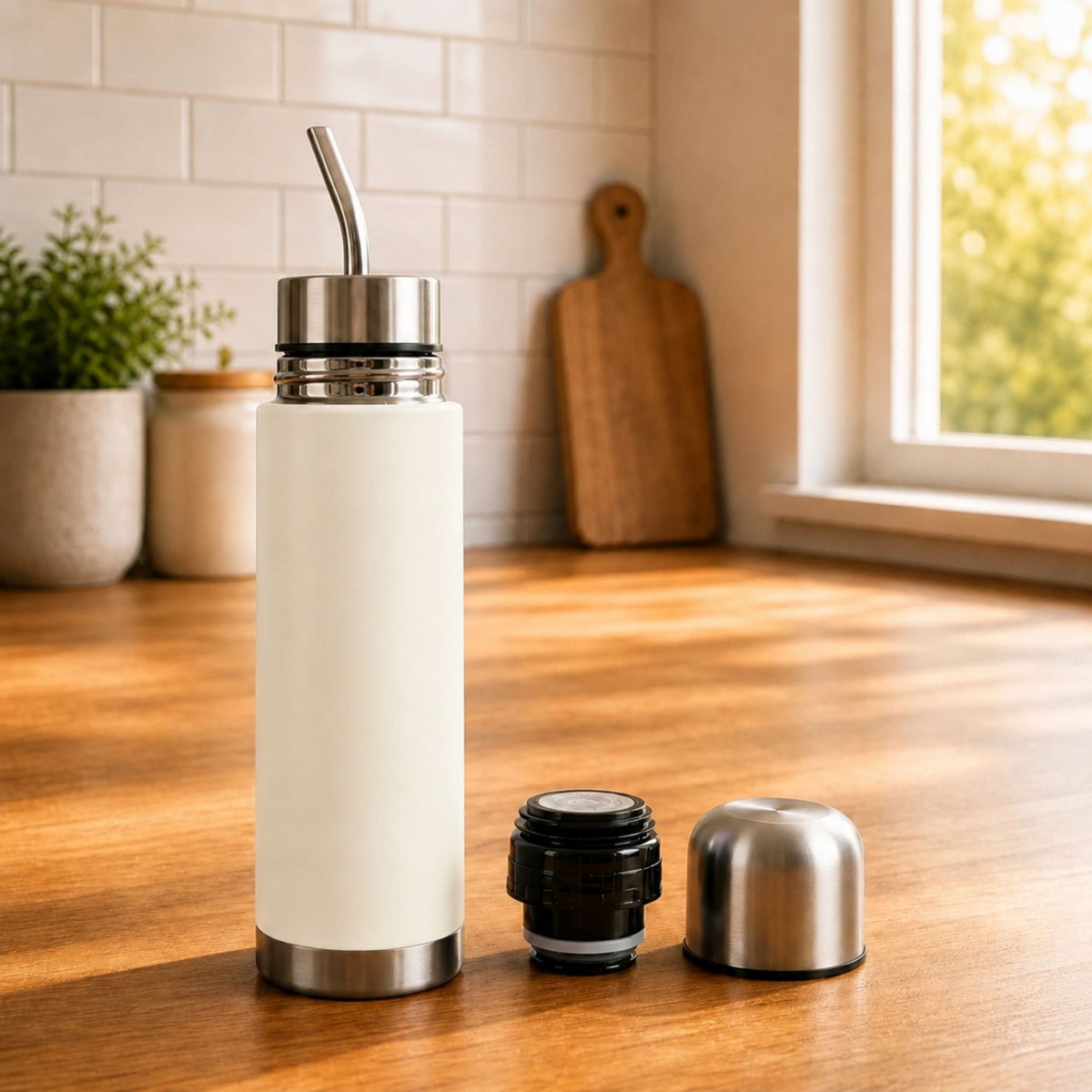 Termo Mate Acero Inoxidable 2 en 1 Botella Termica Tawo 750 Ml Blanco