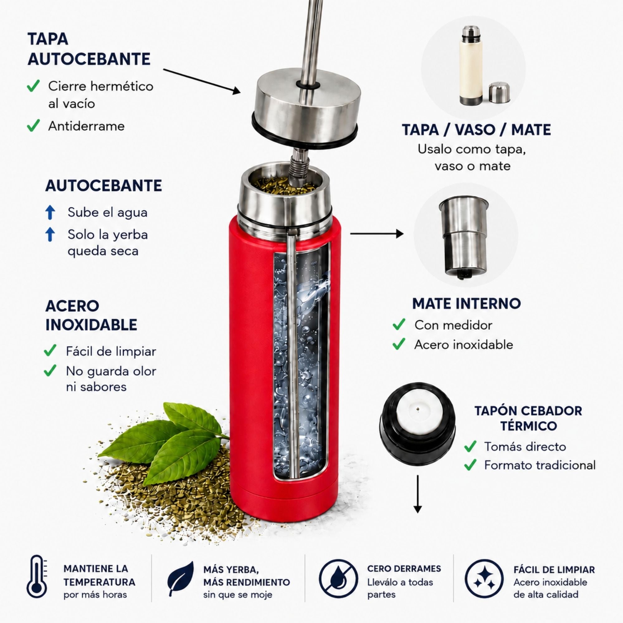 Termo Mate Autocebante Acero Inoxidable 2 en 1 Tawo 750 Ml - Rojo