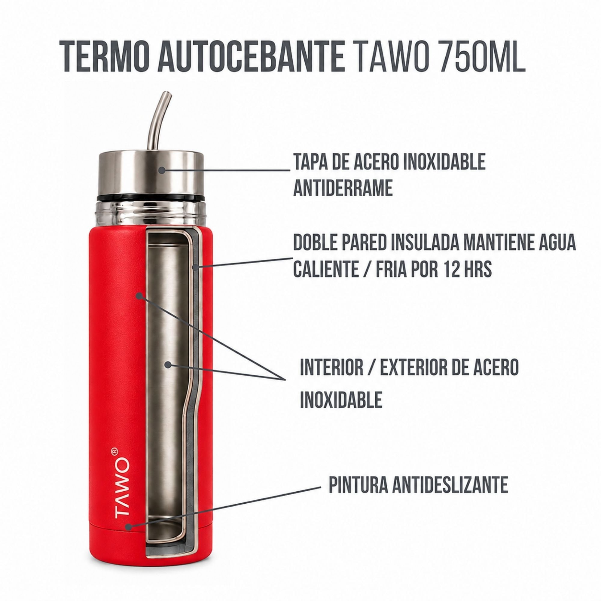 Termo Mate Autocebante Acero Inoxidable 2 en 1 Tawo 750 Ml - Rojo