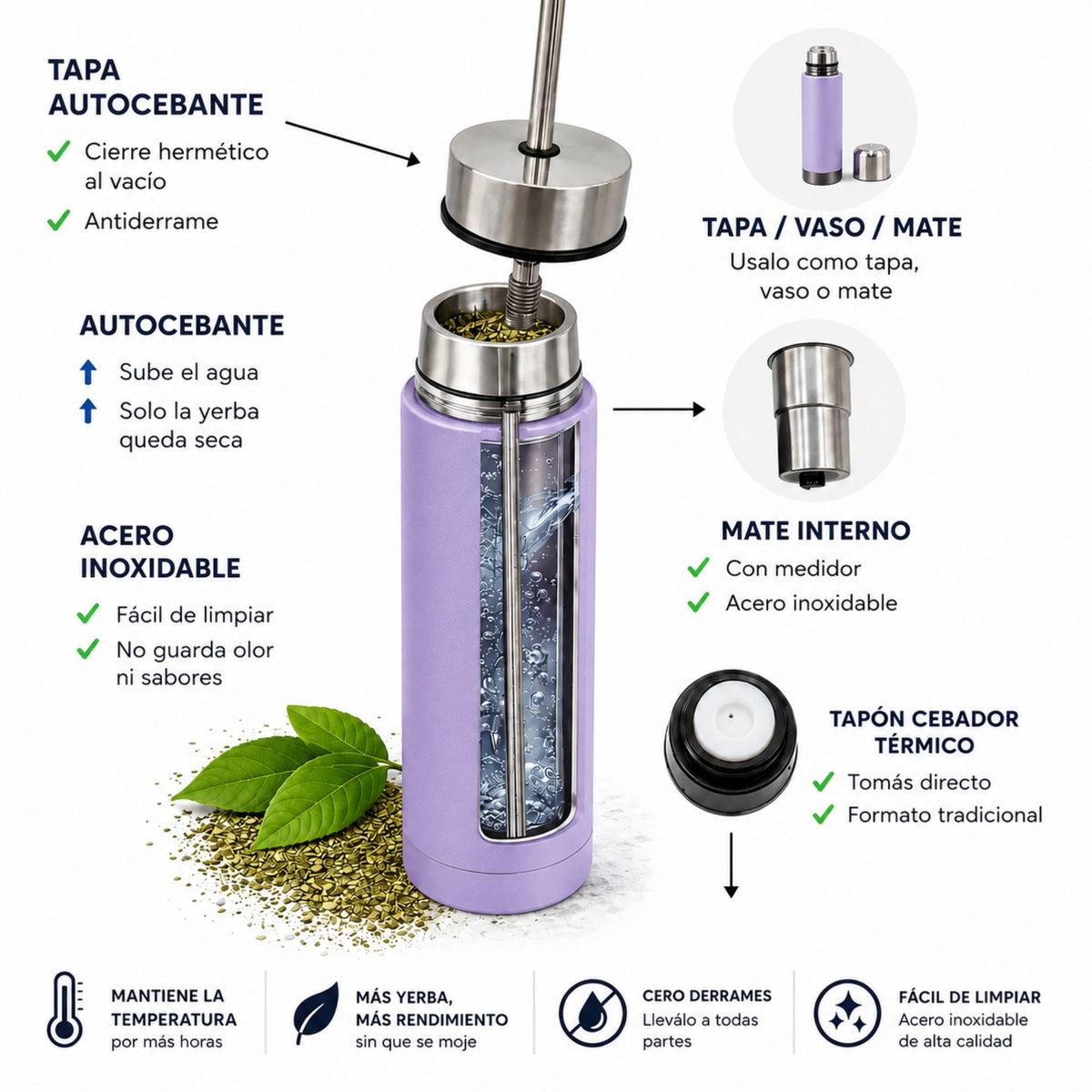 Termo Mate Acero Inoxidable 2 en 1 Botella Termica Tawo 750 Ml Morado