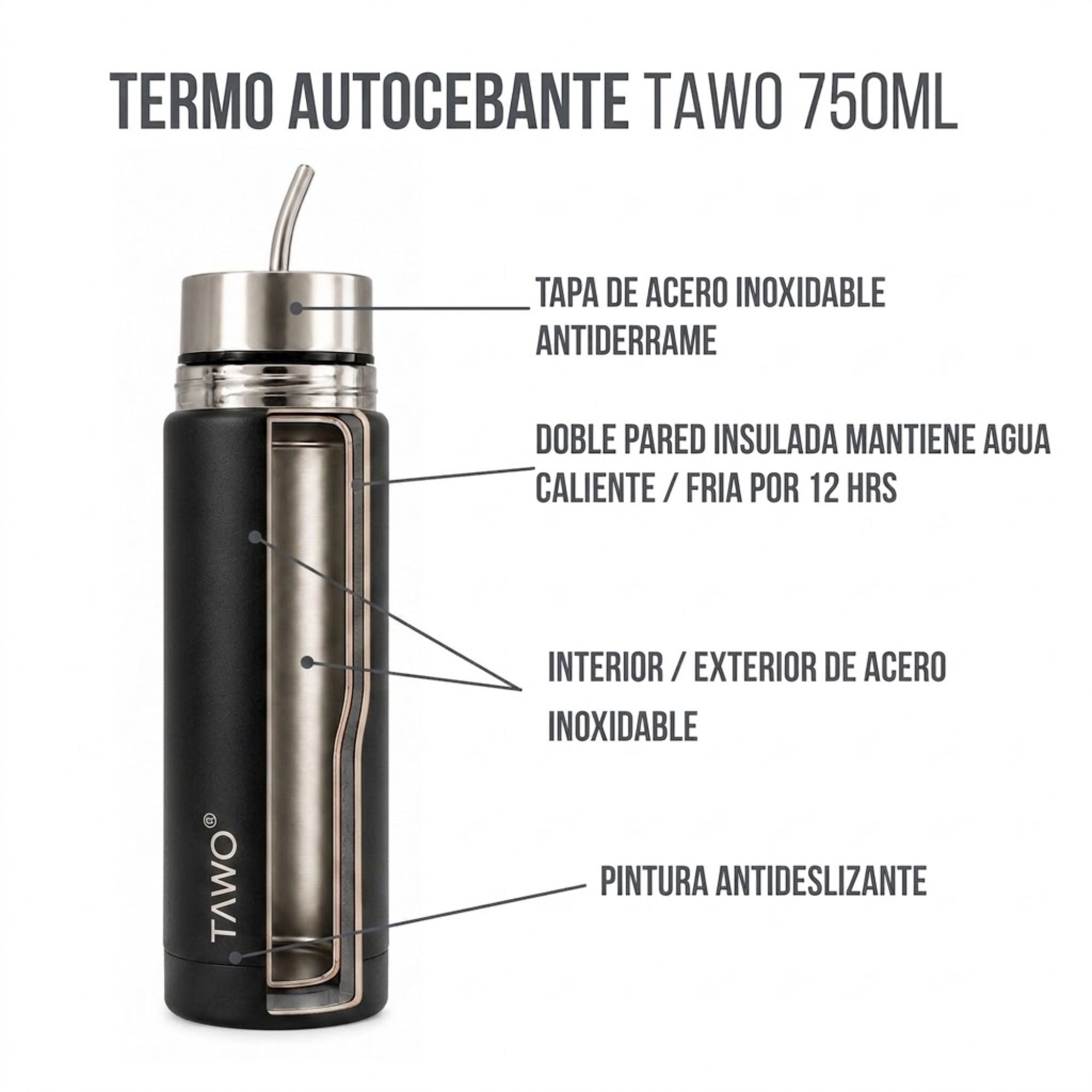Termo Mate Autocebante Acero Inoxidable 2 en 1 Tawo 750 Ml - Negro