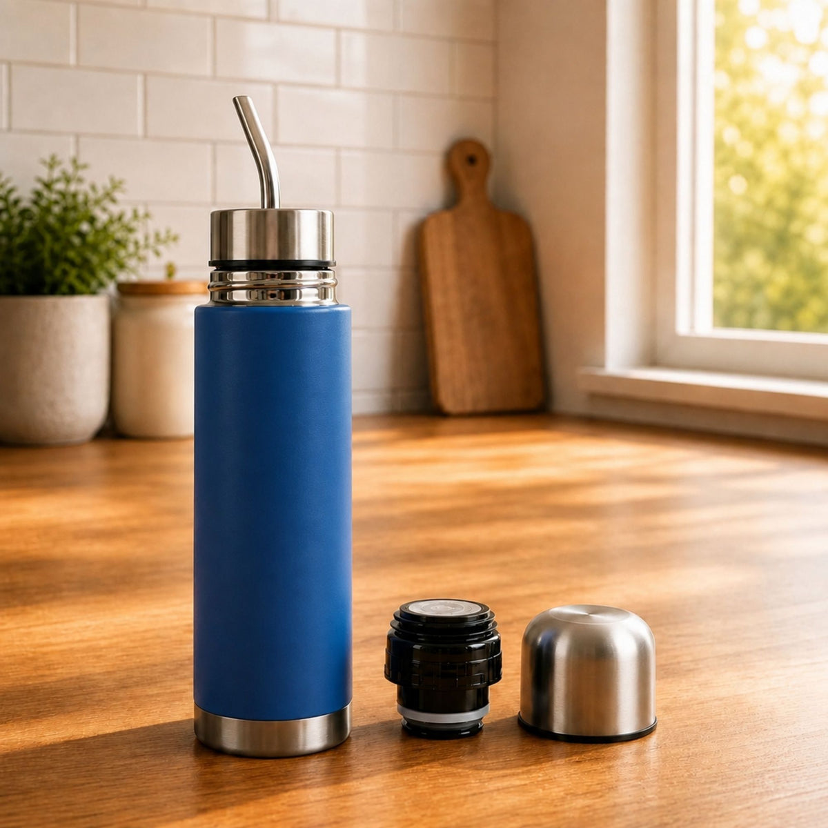Termo Mate Acero Inoxidable 2 en 1 Botella Termica Tawo 750 Ml Azul Marino