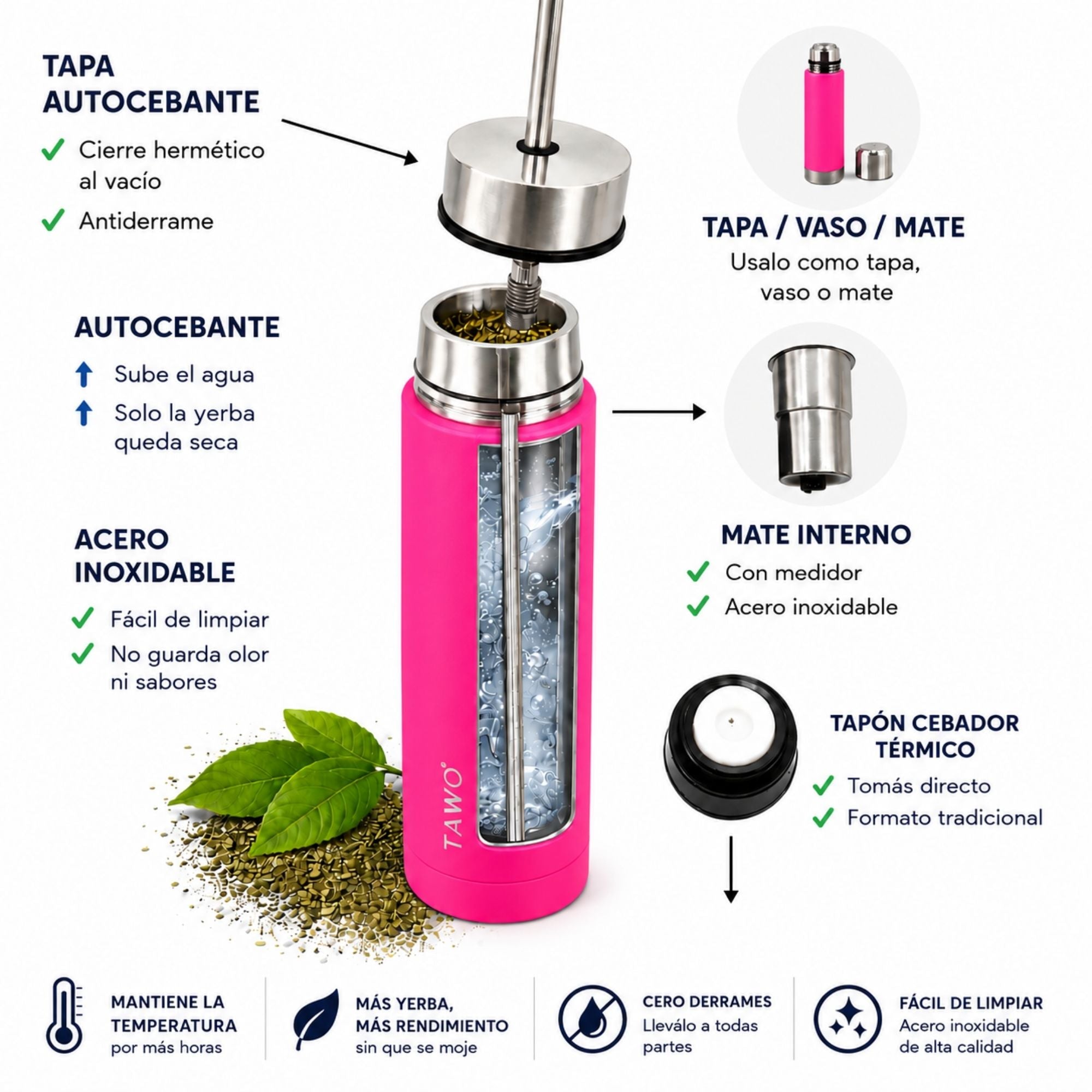 Termo Mate Autocebante Acero Inoxidable 2 en 1 Tawo 750 Ml - Fucsia