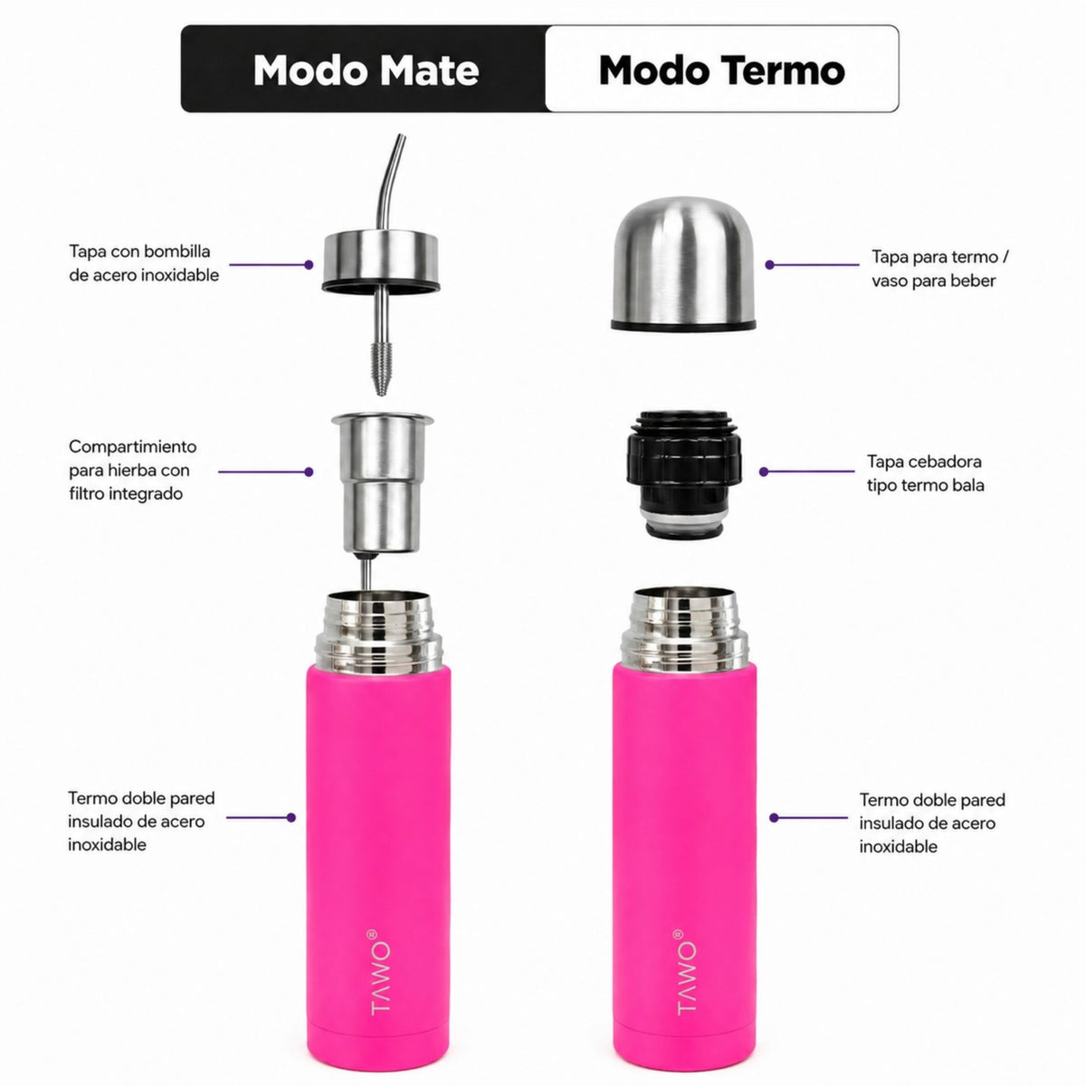 Termo Mate Autocebante Acero Inoxidable 2 en 1 Tawo 750 Ml - Fucsia