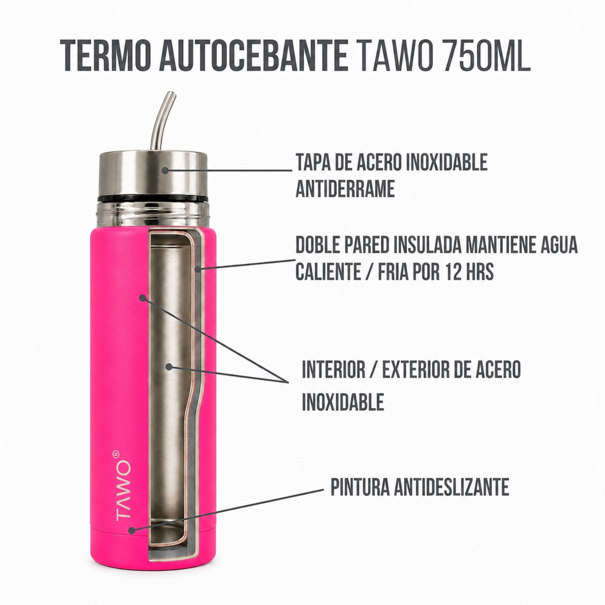 Termo Mate Autocebante Acero Inoxidable 2 en 1 Tawo 750 Ml - Fucsia
