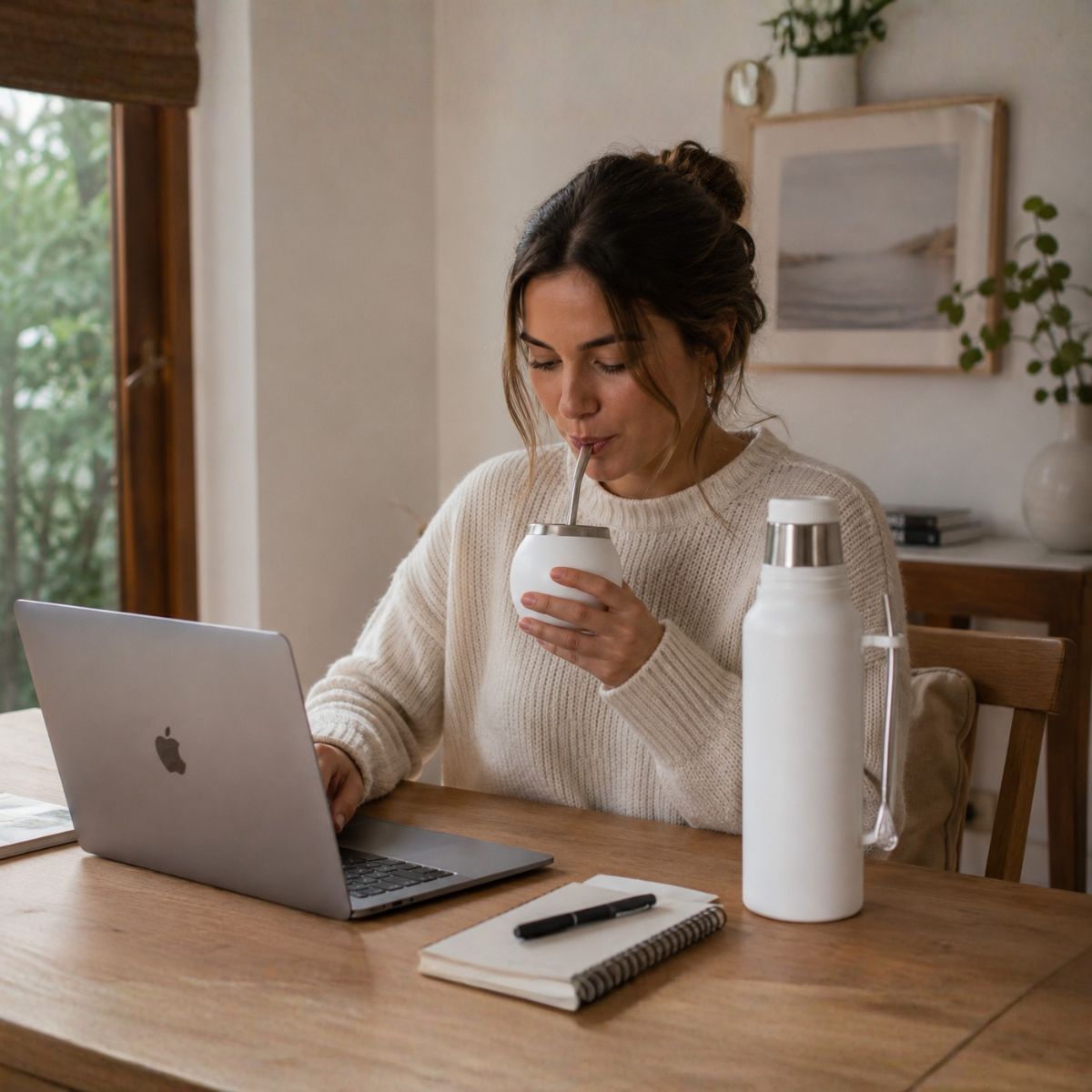 Termo Mate Acero Inoxidable 1.3 Litros Blanco + Mate y Bombilla
